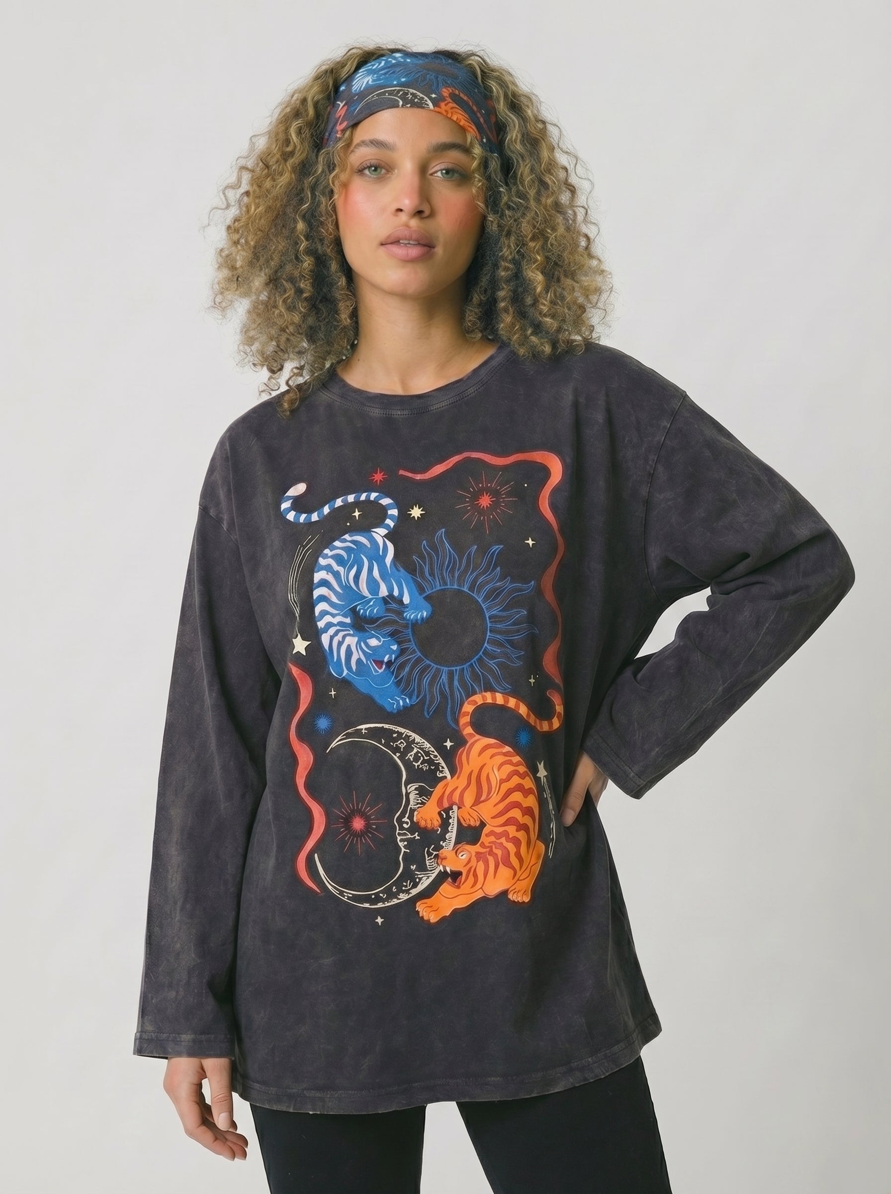 Boho Tigers Long Sleeves Washed T-Shirt