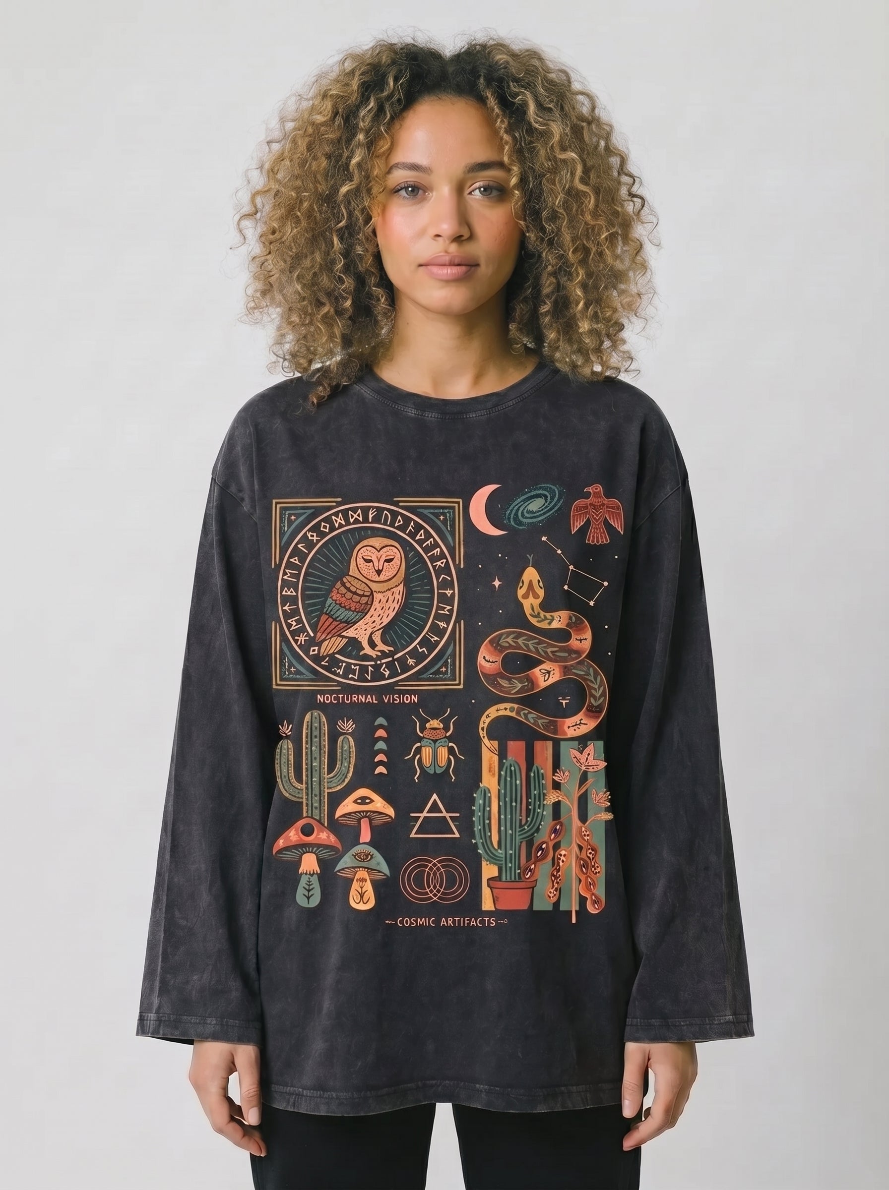 Owl abstract Long Sleeves Washed T-Shirt