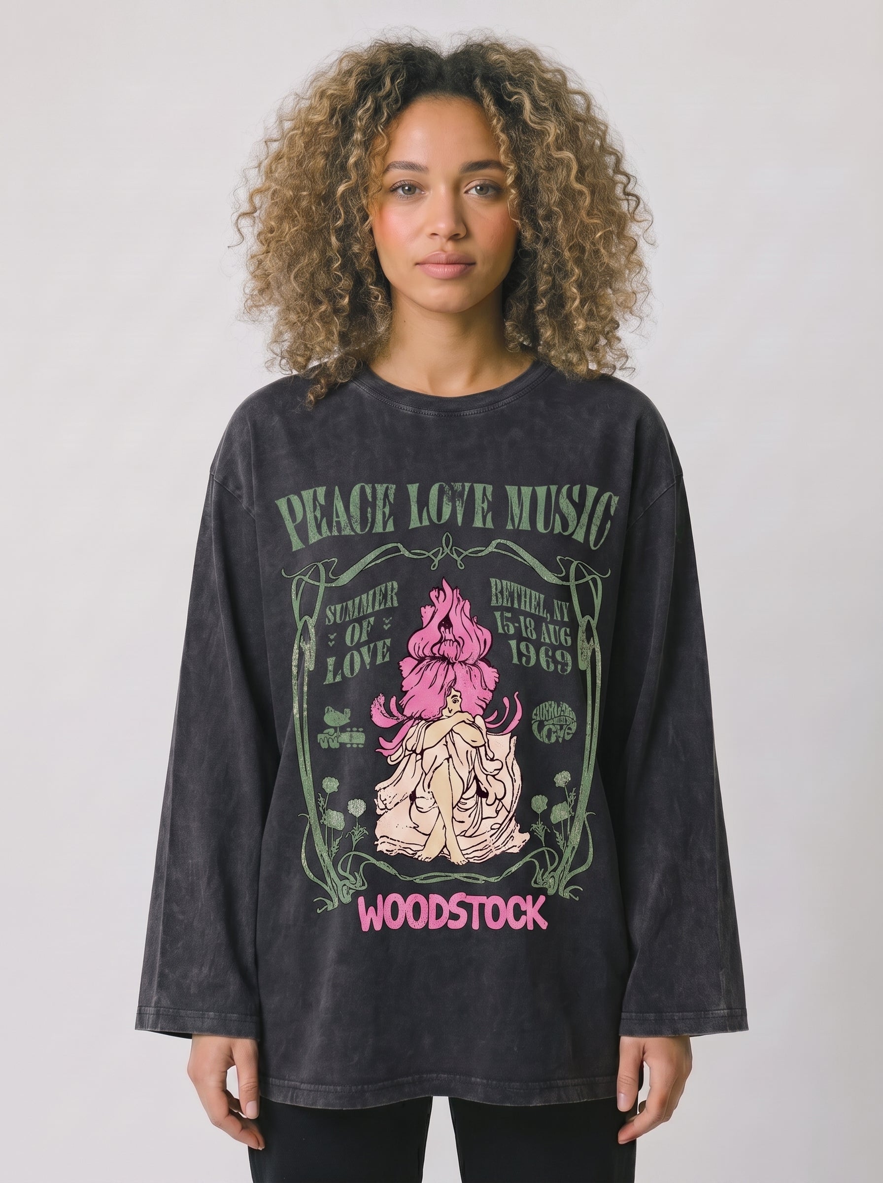 Peace Love Music Sleeves Washed T-Shirt