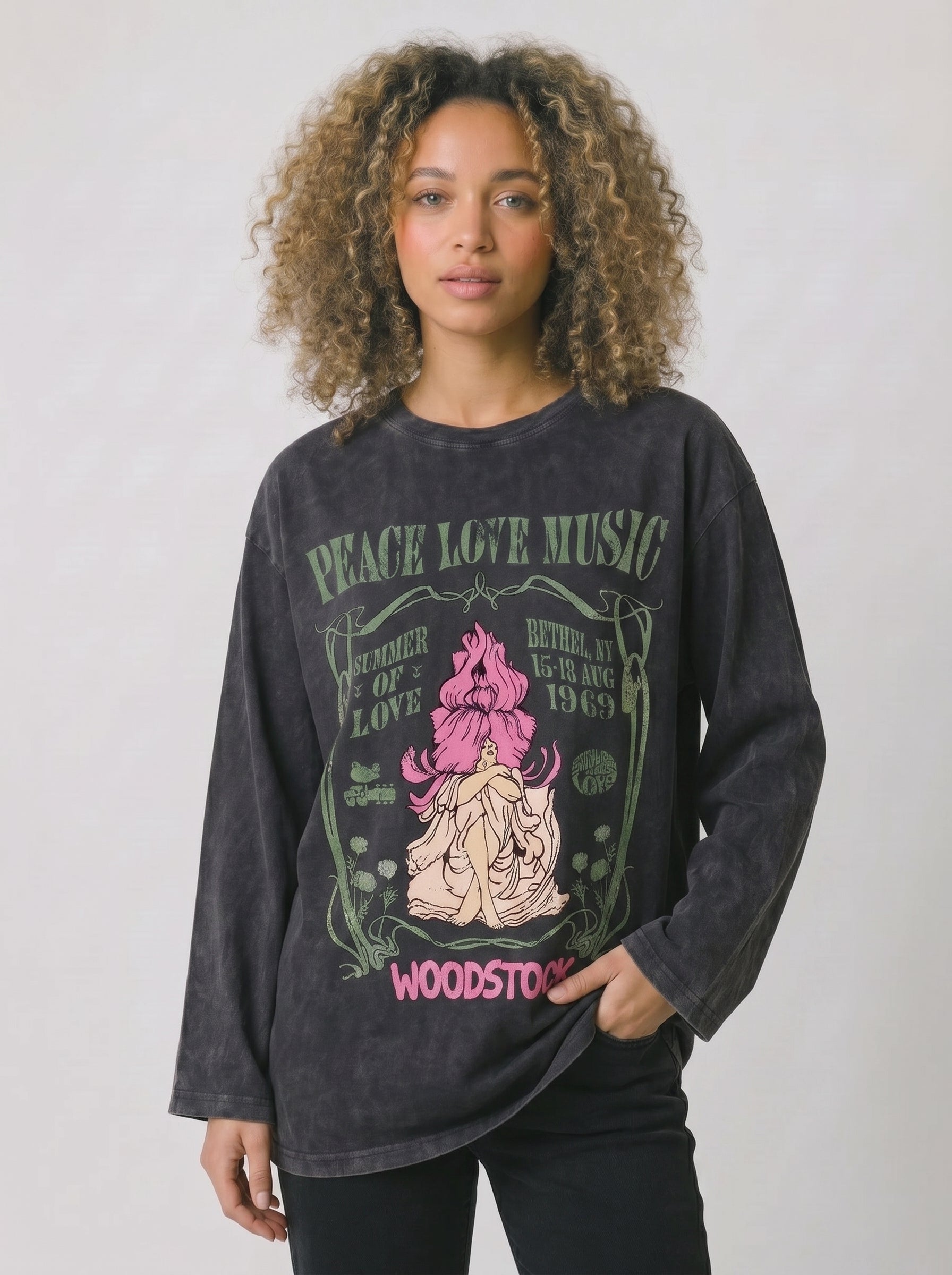 Peace Love Music Sleeves Washed T-Shirt