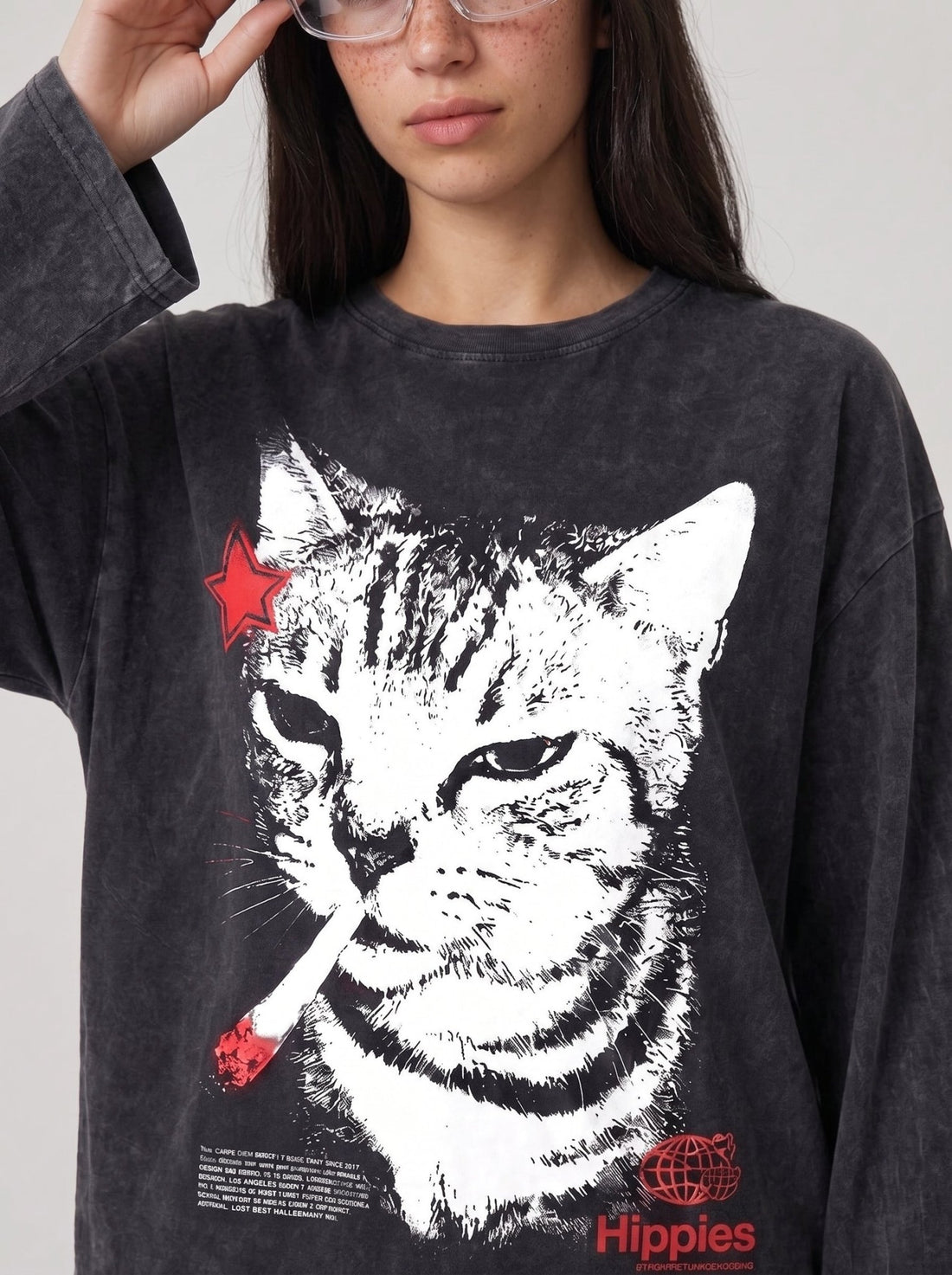 Bad Cat Long Sleeves Washed T-Shirt - Hippies TownT-shirtHippies Town