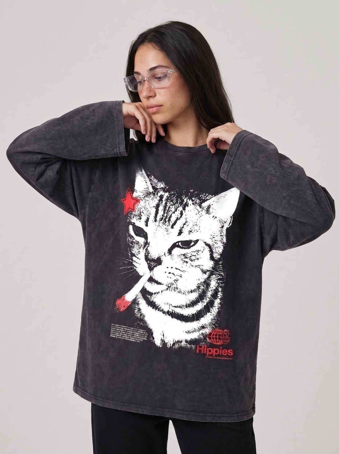 Bad Cat Long Sleeves Washed T-Shirt - Hippies TownT-shirtHippies Town