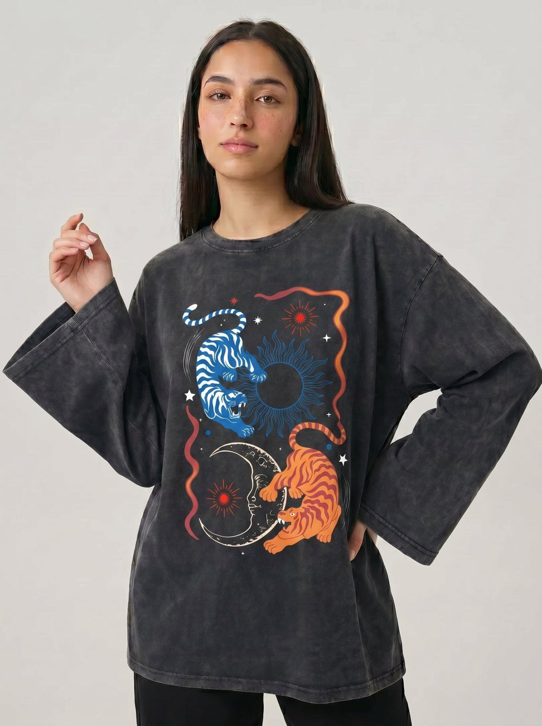 Boho Tigers Long Sleeves Washed T-Shirt - Hippies TownHippies Town