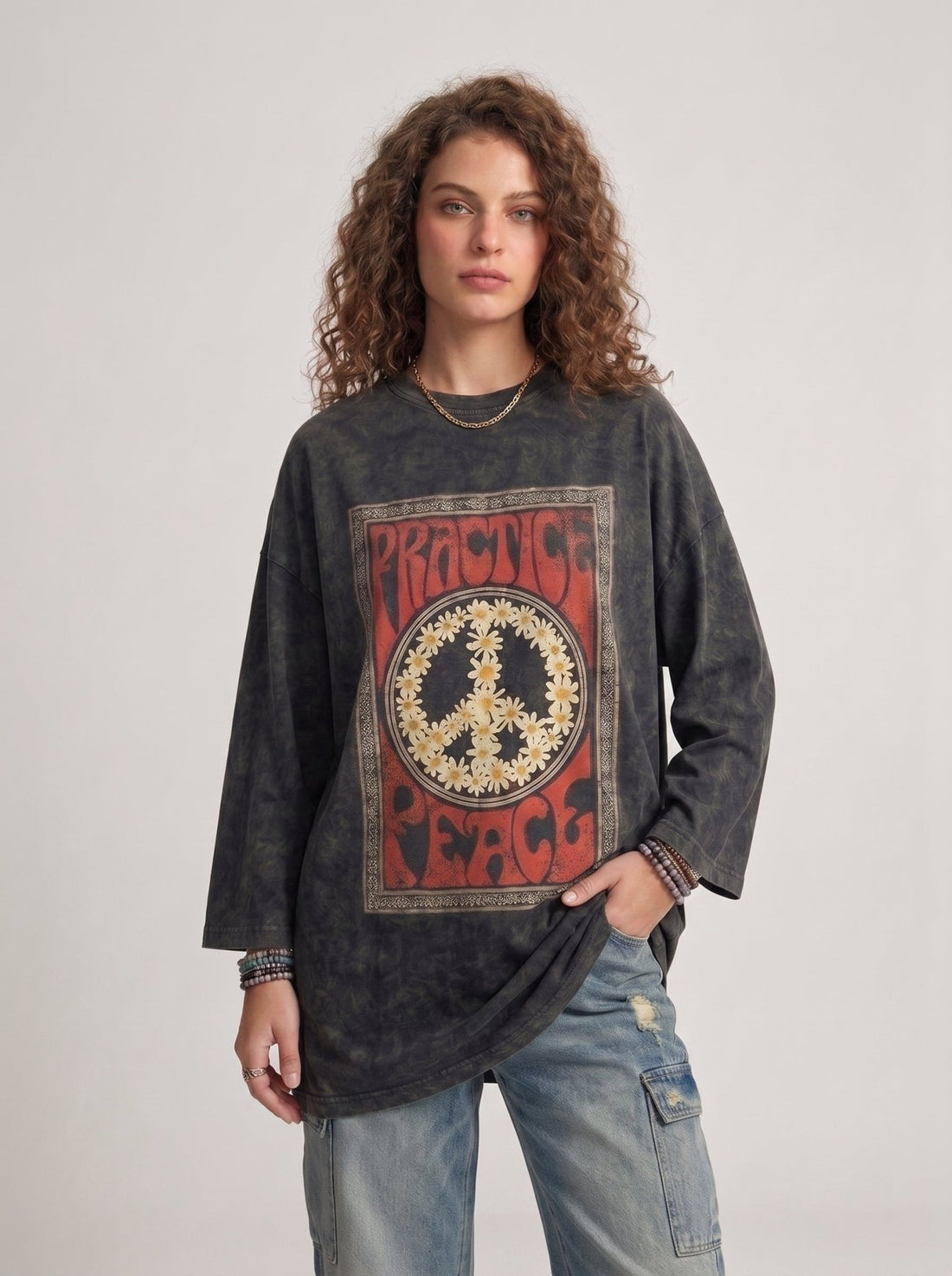 Flower Peace Long Sleeves Washed T-Shirt - Hippies TownT-shirtHippies Town