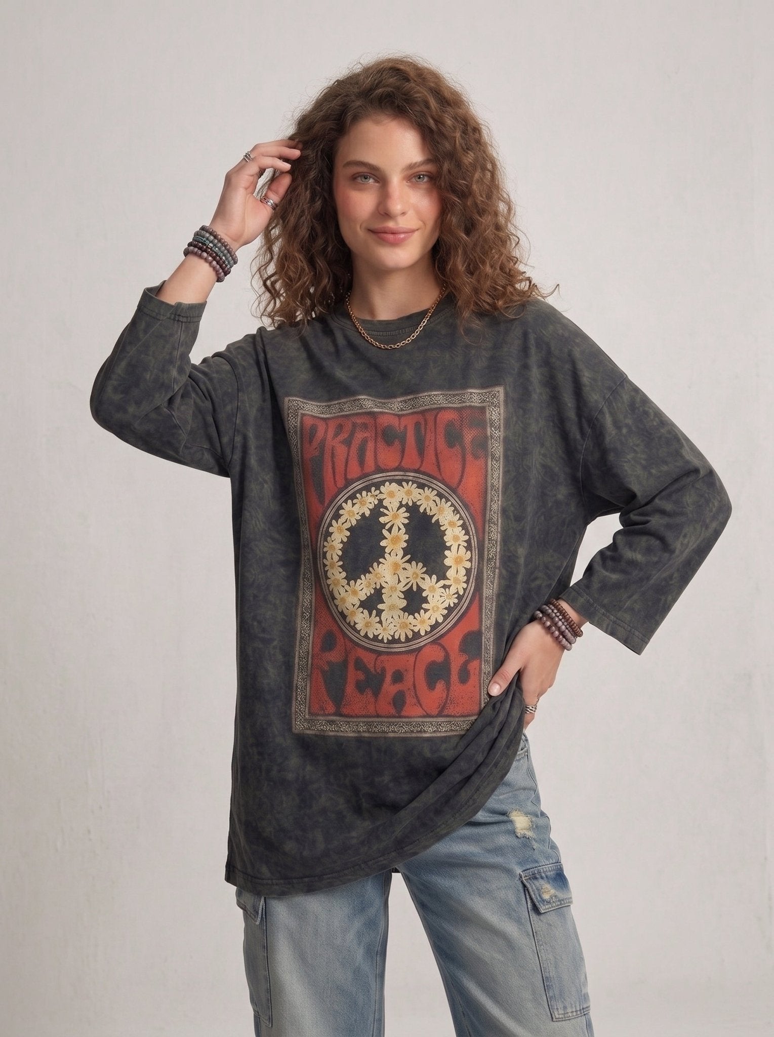 Flower Peace Long Sleeves Washed T-Shirt - Hippies TownT-shirtHippies Town