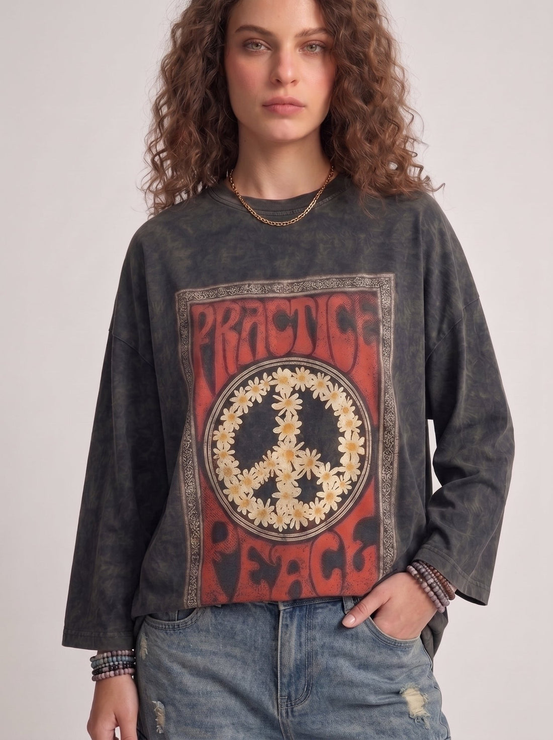 Flower Peace Long Sleeves Washed T-Shirt - Hippies TownT-shirtHippies Town