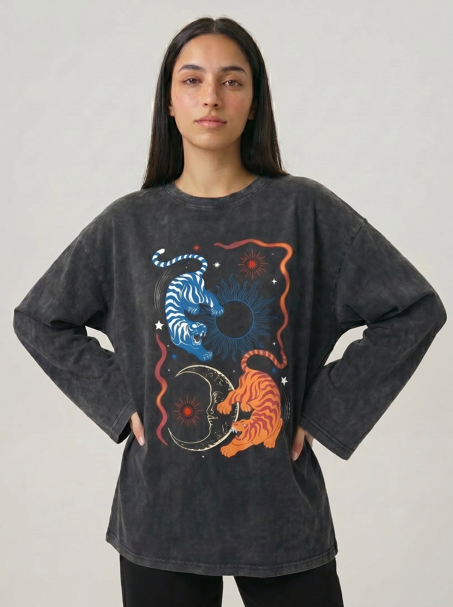 Boho Tigers Long Sleeves Washed T-Shirt