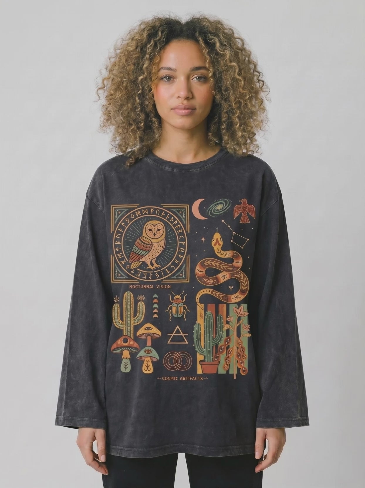 Owl abstract Long Sleeves Washed T-Shirt