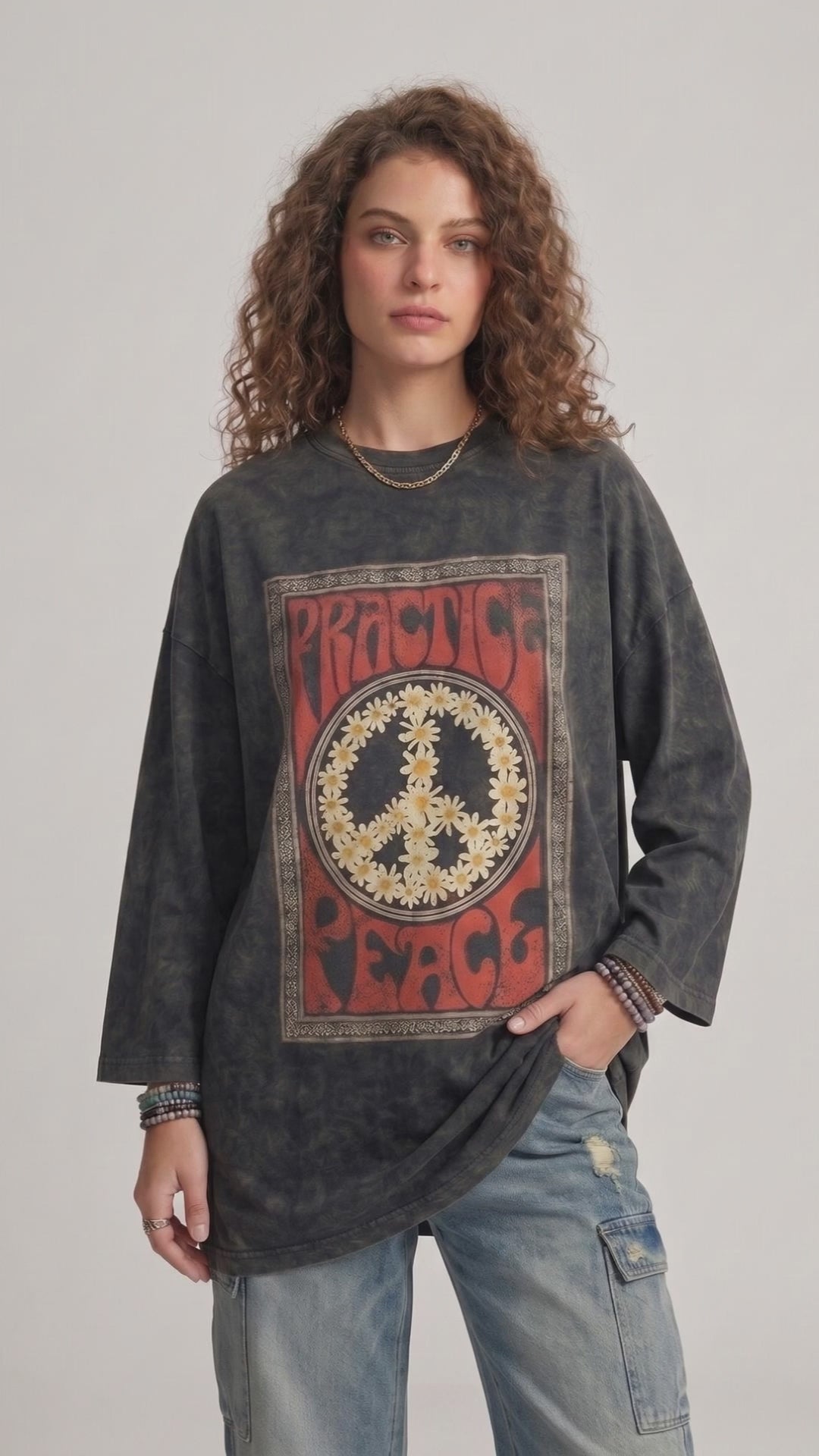 Flower Peace Long Sleeves Washed T-Shirt