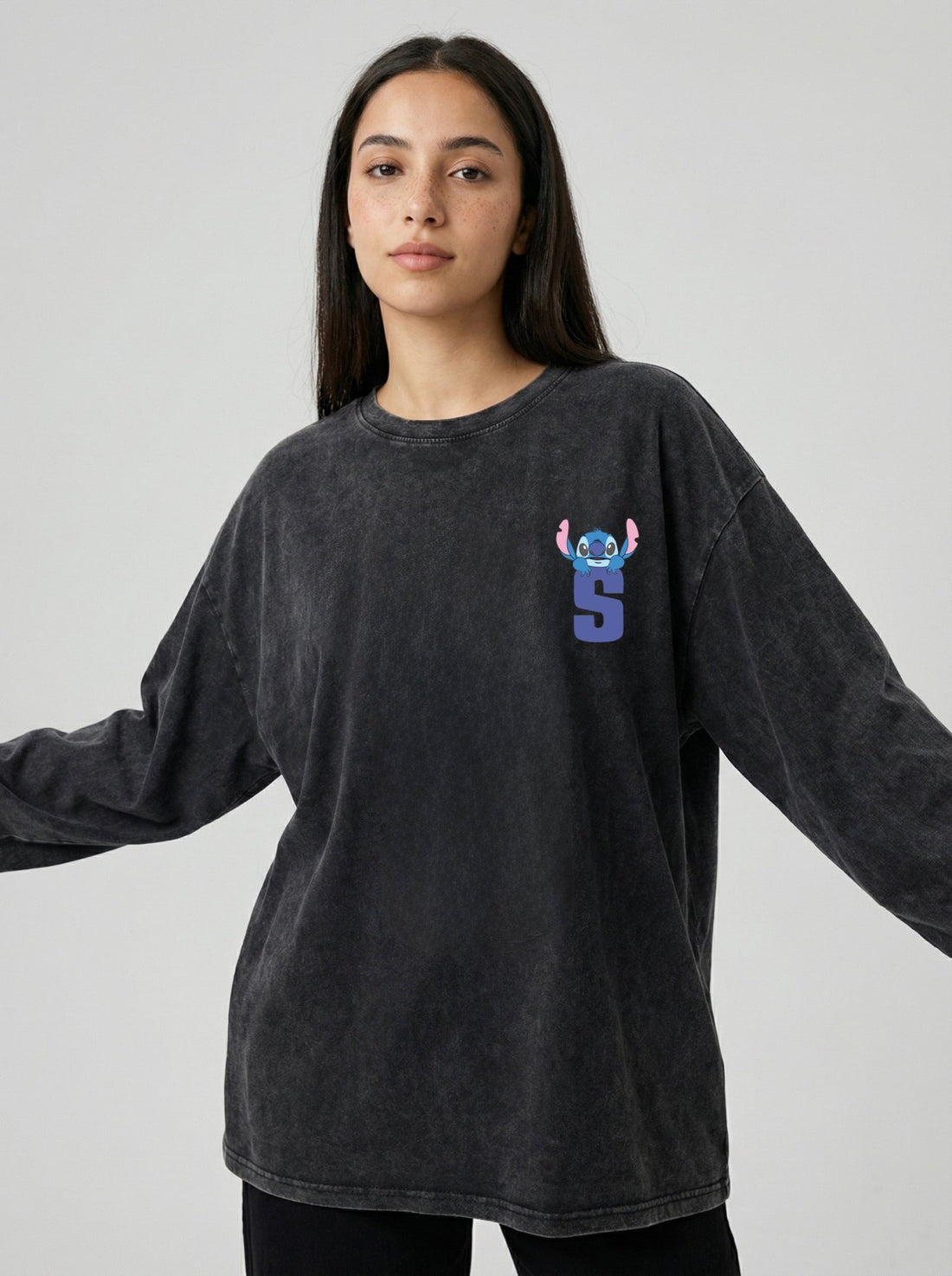 Stitch Long Sleeves Washed T-Shirt - Hippies TownHippies Town