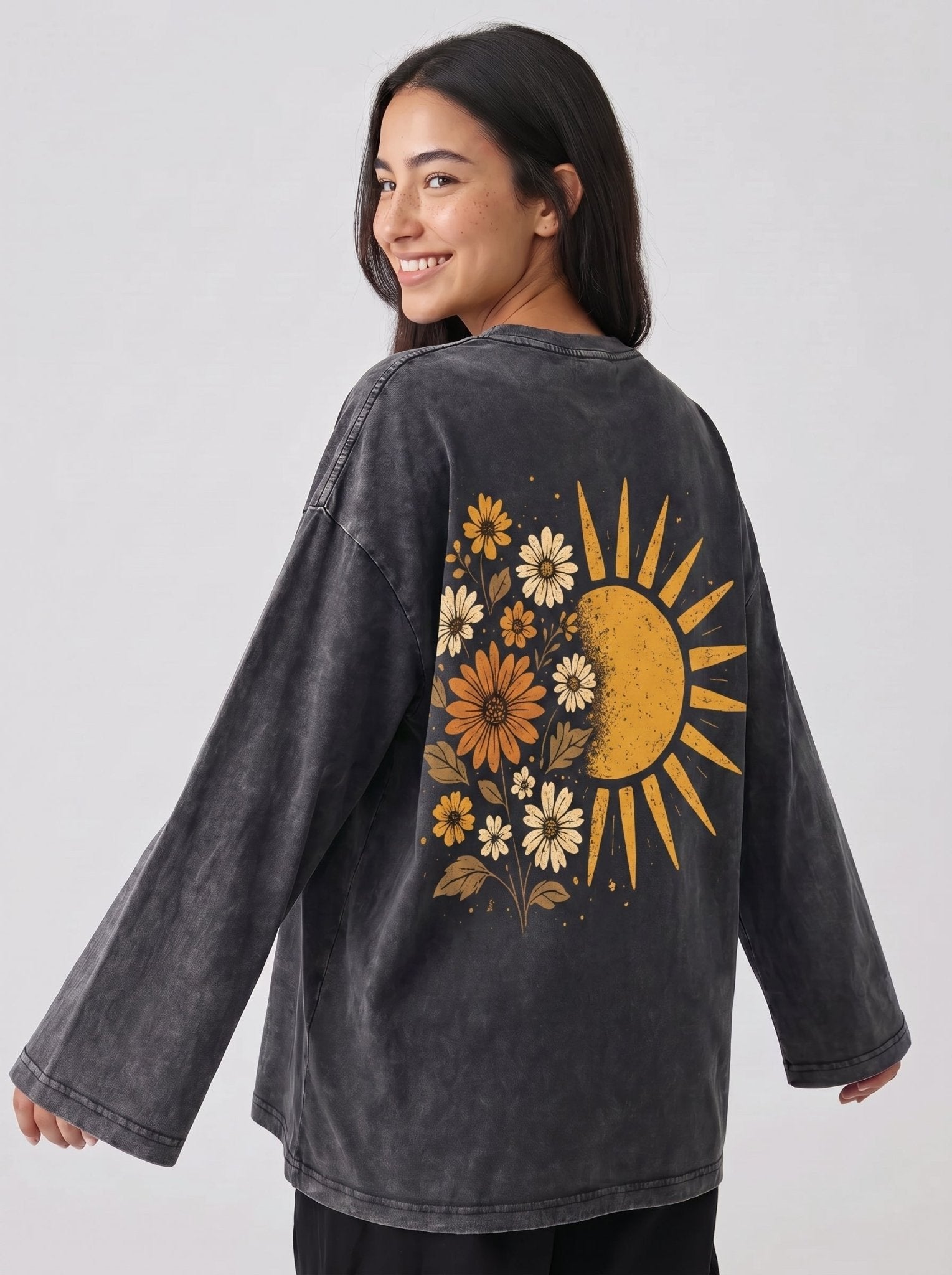 Sun Flower Long Sleeves Washed T-Shirt - Hippies TownT-shirtHippies Town