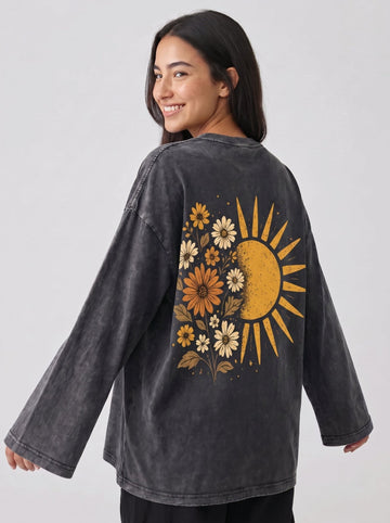 Sun Flower Long Sleeves Washed T-Shirt - Hippies TownT-shirtHippies Town