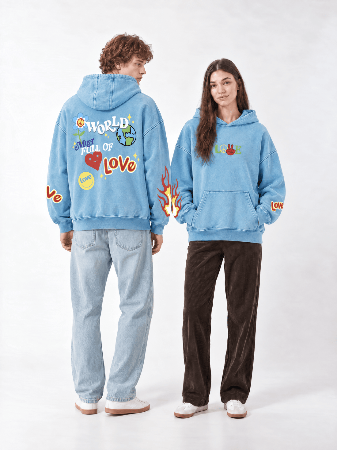 World Full of Love Acid Washed Hoodie - Hippies TownHoodieHippies Town