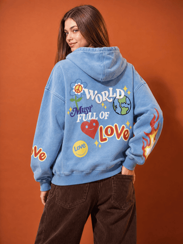 World Full of Love Acid Washed Hoodie - Hippies TownHoodieHippies Town