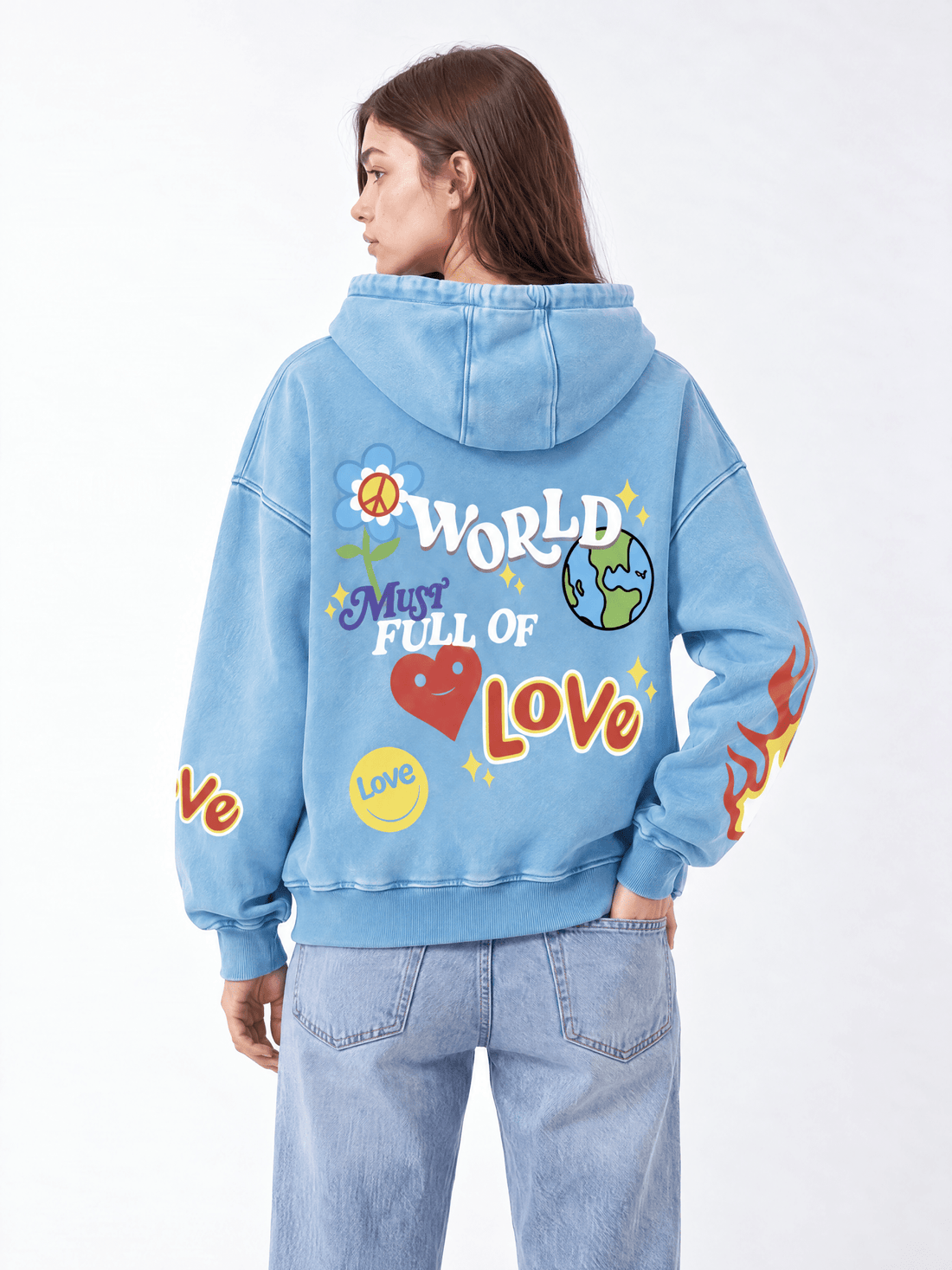World Full of Love Acid Washed Hoodie - Hippies TownHoodieHippies Town