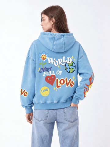 World Full of Love Acid Washed Hoodie - Hippies TownHoodieHippies Town