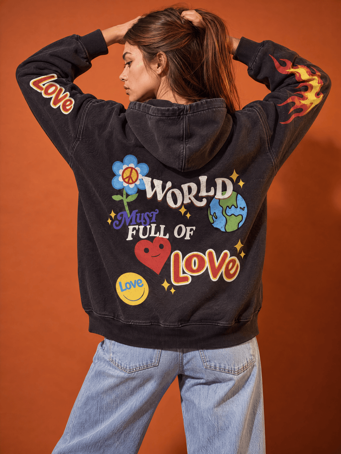 World Full of Love Acid Washed Hoodie - Hippies TownHoodieHippies Town